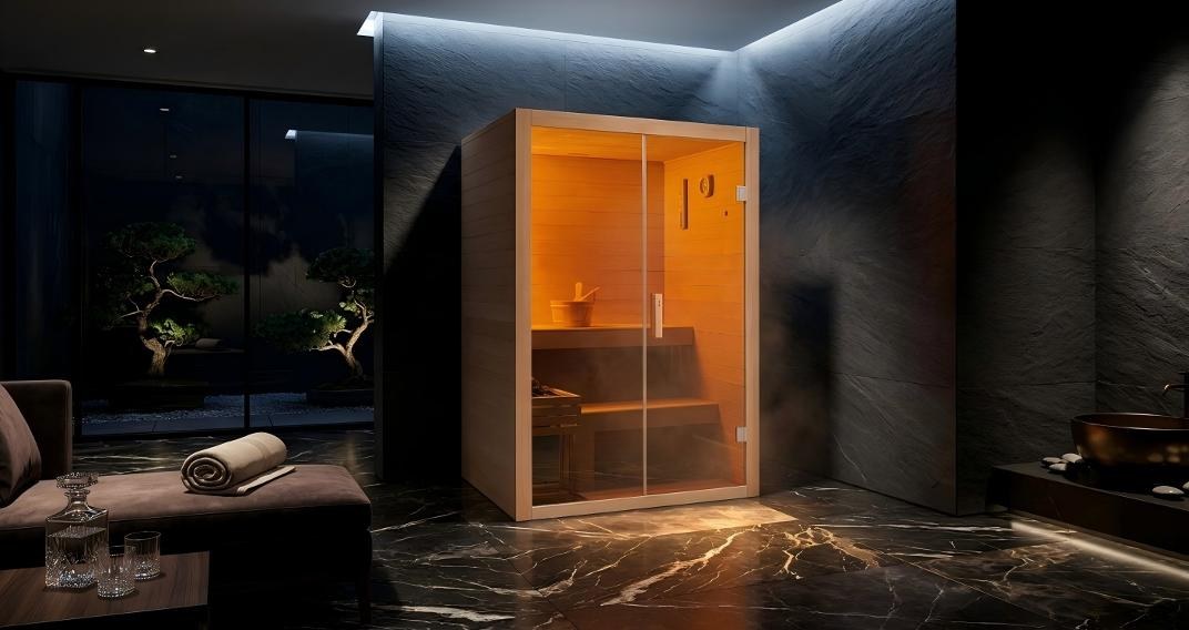 Sauna EREZ Areia em spa noturno, com bonsai e piso de mármore.