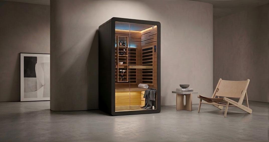 Sauna EREZ Carvão: cabine escura estilo ébano em sala minimalista, interior de madeira clara iluminado.