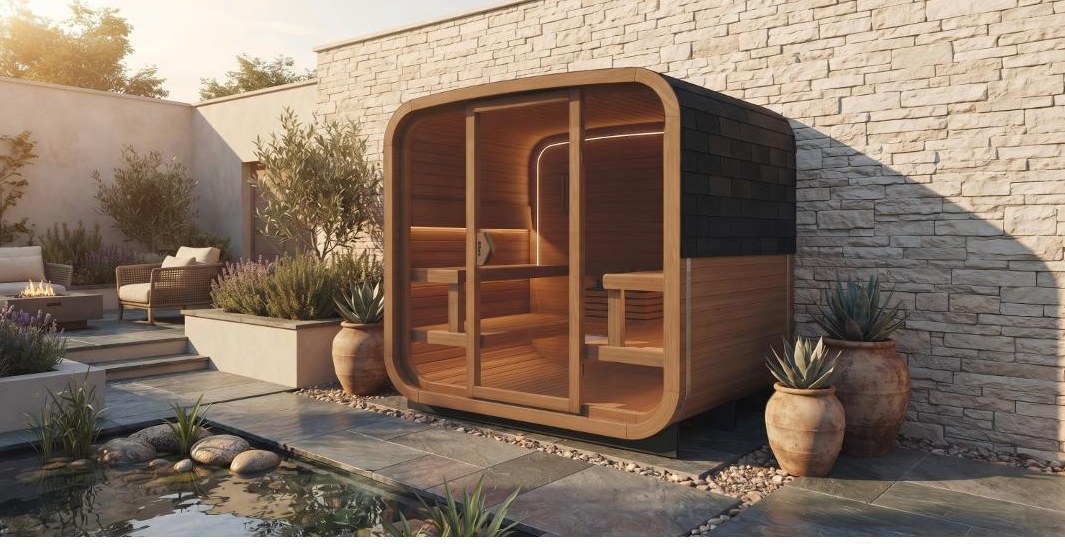 Sauna EREZ Cedro em jardim de dia: cubo de madeira junto a muro de pedra clara, com oliveiras e espelho d'água.