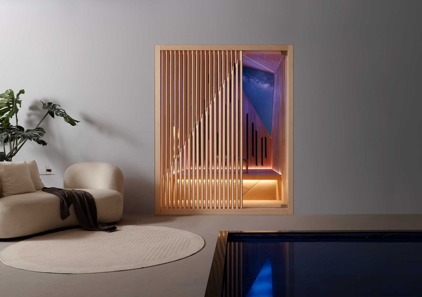 Lounge com sauna ao fundo, janela triangular revelando o céu estrelado — modelo da linha indoor da fábrica, ainda não importado pela EREZ.