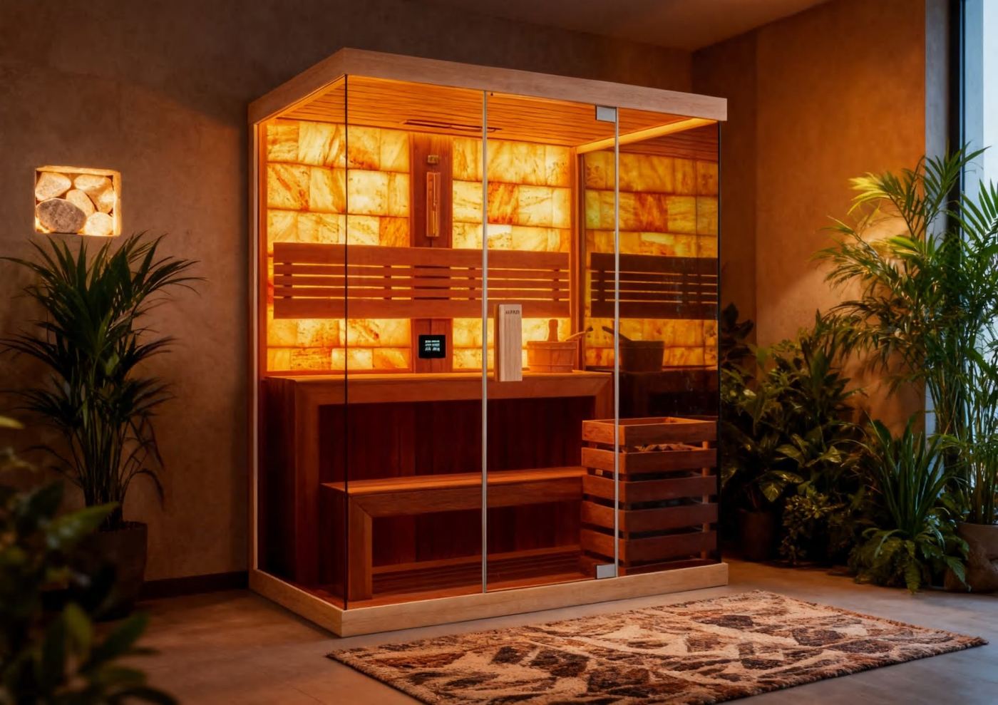 Interior de sauna com painéis de sal do Himalaia iluminados em âmbar — modelo da linha indoor da fábrica, ainda não importado pela EREZ.
