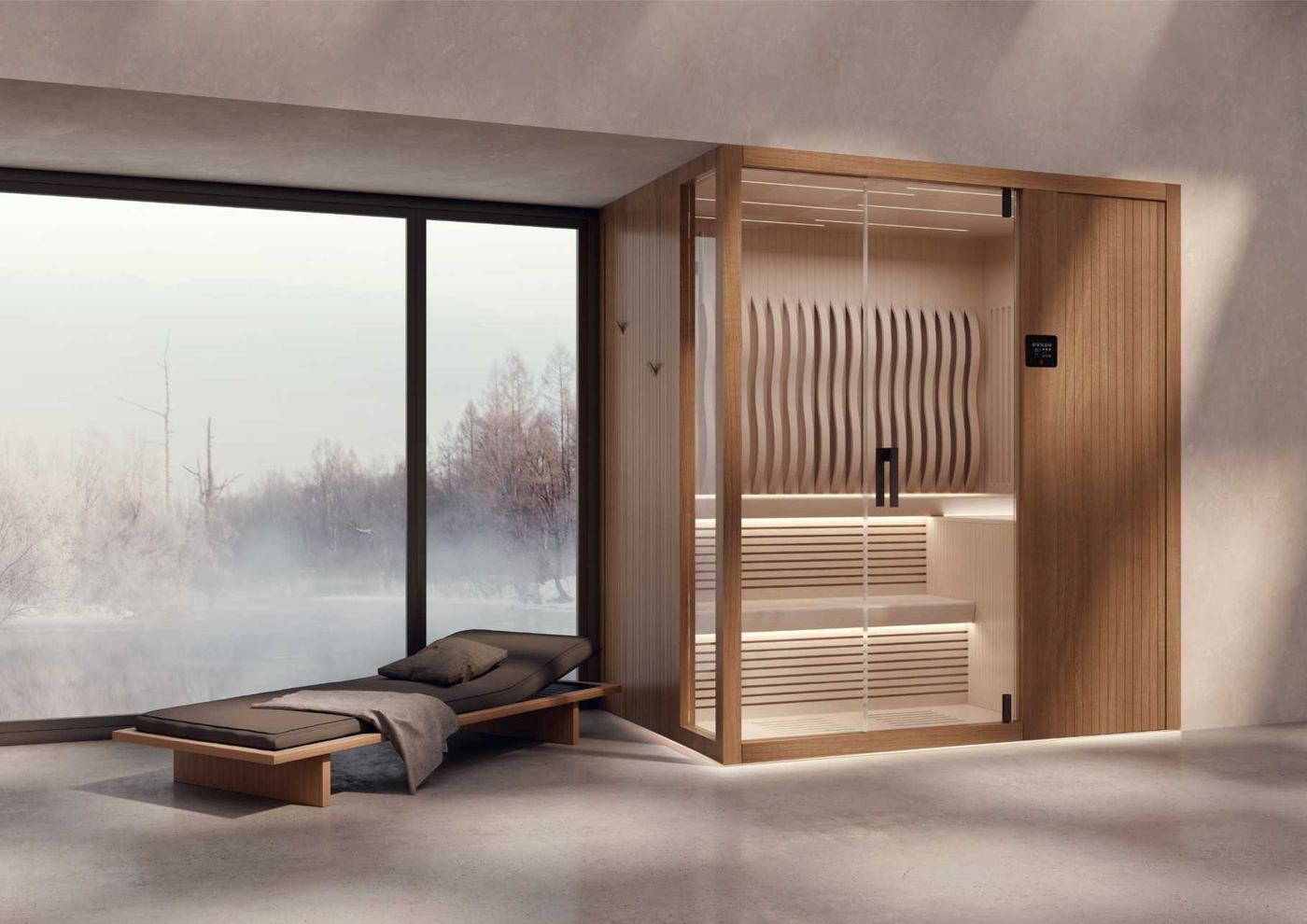 Sauna aquecida junto a janela com vista para lago congelado e névoa — modelo da linha indoor da fábrica, ainda não importado pela EREZ.