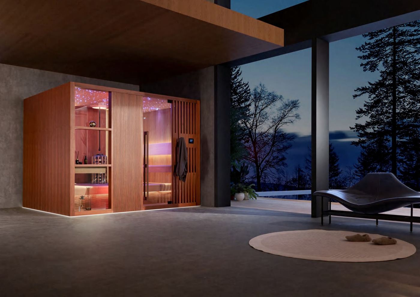 Sauna ao crepúsculo com interior iluminado em tons rosa e roxo, vista para as montanhas — modelo da linha indoor da fábrica, ainda não importado pela EREZ.