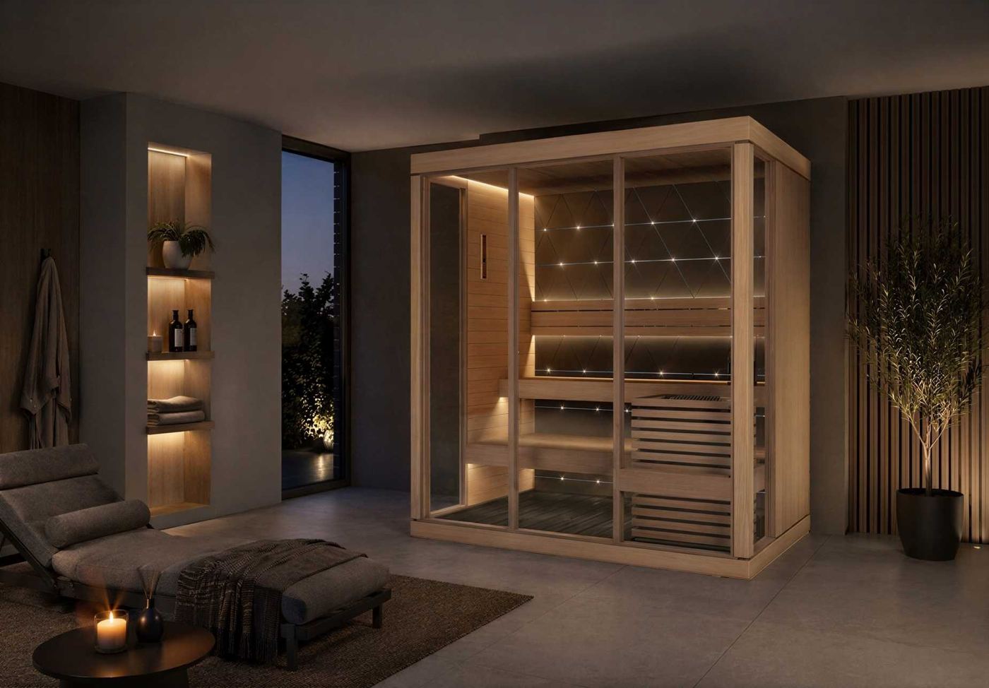 Ambiente de sauna com iluminação noturna — modelo da linha indoor da fábrica, ainda não importado pela EREZ.